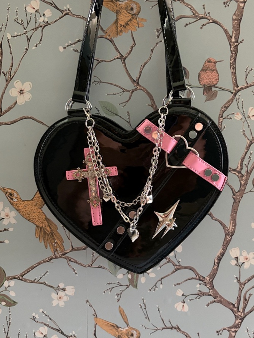 Patent Heart Crossbody Bag in Black and Pink with Silver Charms - Picture 7 of 9